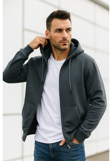 Rich Erkek Füme Kapüşonlu Kanguru Cepli Fermuarlı Sweatshirt Füme