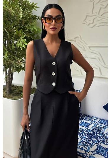 Moderie Butik Etek Yırtmaçlı Yelekli Keten Takım 10131 Si Yah