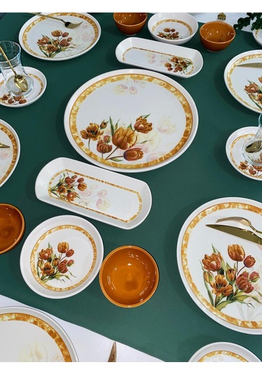 Vintage Tulip 6 Kişilik 21 Parça With Saucer Kahvaltı Takımı Kızıl Kahve