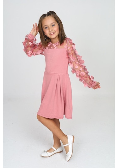 Tül Detaylı Siyah Elbise 2 Pembe