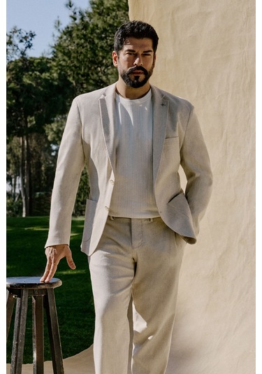 Erkek Bej Yumuşak Dokulu Keten Slim Fit Dar Kesim Mono Yaka Diagonal Desenli Ceket Bej