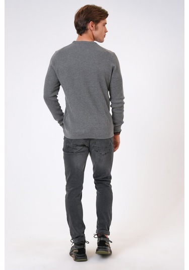 Gri Regular Fit Jakarlı Pamuklu Bisiklet Yaka Triko-gri Gri