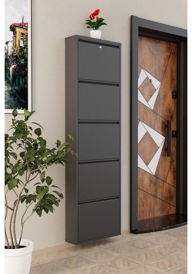 Kilitli 5 Kapaklı Metal Ayakkabılık Antrasit Antrasit