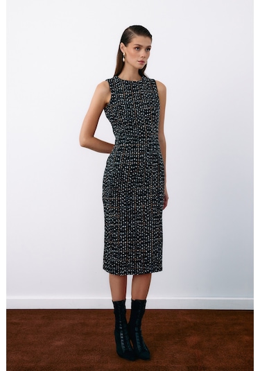 Sateen Kolsuz Tüvit Kalem Elbise - Siyah-135068 Siyah