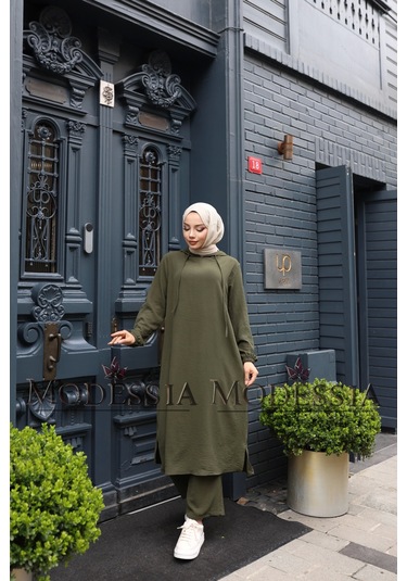 Kadın Haki Aerobin Uzun Kapşonlu İkili Takım T0216 Haki