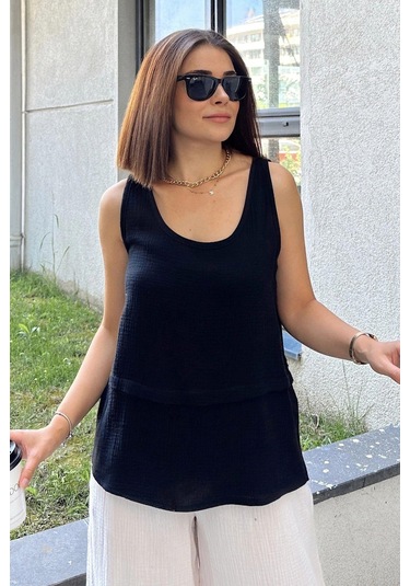 Siyah İthal Müslin Kumaş, Basic, Katlı, Salaş Askılı Bluz & Atlet Siyah