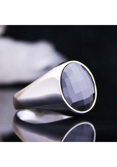 Siyah Zirkon Kristal Kesim Taşlı Özel Seri Erkek Gümüş Yüzük