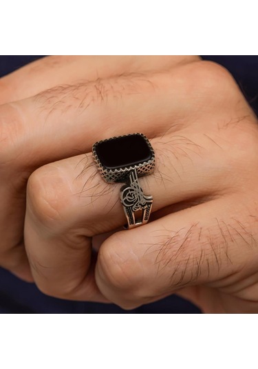 Siyah Oniks Taşlı Tuğra Motifli 925 Gümüş Erkek Yüzük Beyaz