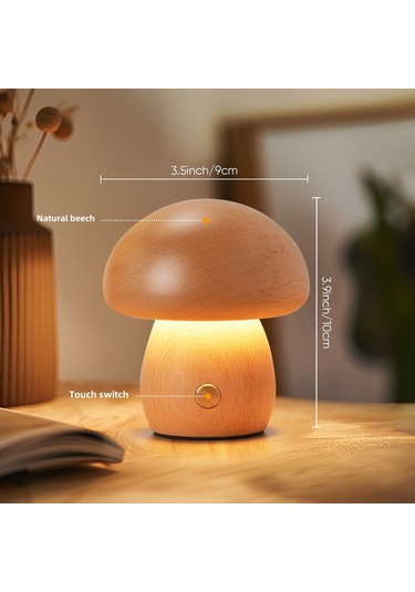 Geeroyoo Ahşap Mantar Şekilli Led Gece Lambası, Doğal Ahşap Dekoratif Masa Lambası, Bebek Odası Için Rahat Isık, Kız Çocuk Hediyesi Usb Girişli Büyük Boy A Modeli