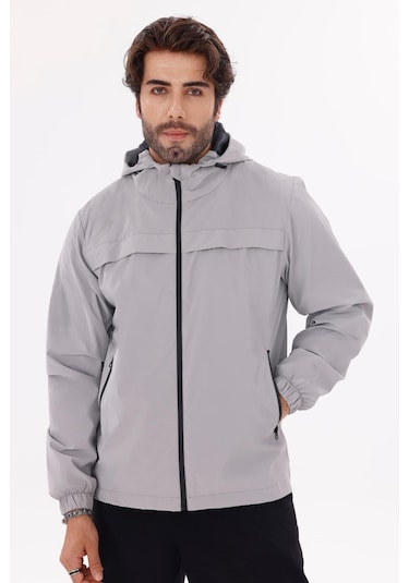 Erkek Kapüşonlu Nova Kumaş Hafif Ve Dayanıklı Şık Mevsimlik Su Ve Rüzgar Geçirmez Yağmurluk Açık Gri