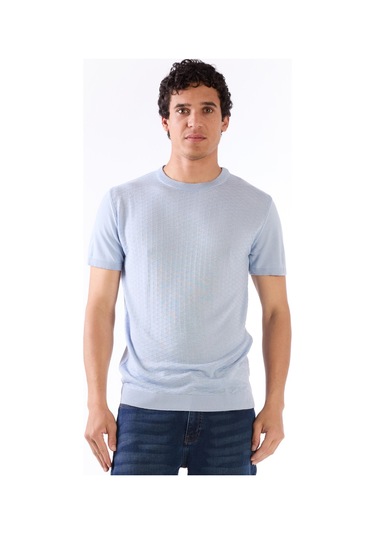 Dufy Buz Mavisi O Yaka Düz Renk Kısa Kollu Slim Fit Triko Tshirt Buz Mavisi
