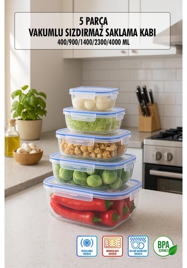 Dikdörtgen 5 Parça Contalı Vakumlu Sızdırmaz Hava Almaz Saklama Kabı Seti 4000/2300/1400/900/400 Ml Şeffaf