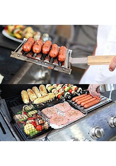 Ulzyvf Ahşap Saplı Ve Sosisli Şişli Sandviç Silindiri, Gümüş Barbekü, 4'lü Gümüş
