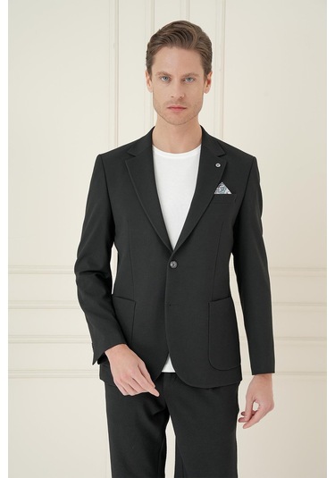 Comfort Fit Mono Yaka Çift Yırtmaç Torba Cep Casual Siyah Ceket C 698 Siyah