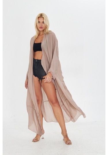 Kutaf Vizon Uzun Soft Yumuşak Kimono Bej - Taba