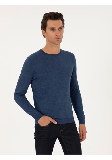 Cacharel İndigo Slim Fit Yün Karışımlı Bisiklet Yaka Basic Triko Kazak Mavi