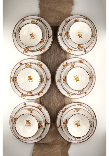 Retro Tavşan Porselen Akıtma 6 Kişilik 24 Parça Yemek Takımı