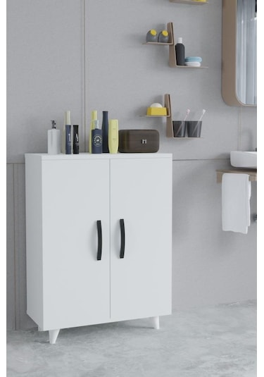 Güney 4 Raflı 2 Kapaklı Banyo Dolabı Havlu Dolabı Beyaz Beyaz