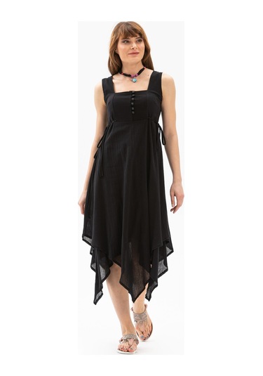 Kolsuz Şile Bezi Üçgen Katlı Midi Boy Elbise Siyah Syh