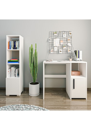 Kuzey Çalışma Masası Ve Kitaplık Set Beyaz