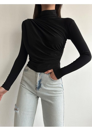 Kadın Büzgü Detaylı Dik Yaka Sandy Bluz Siyah