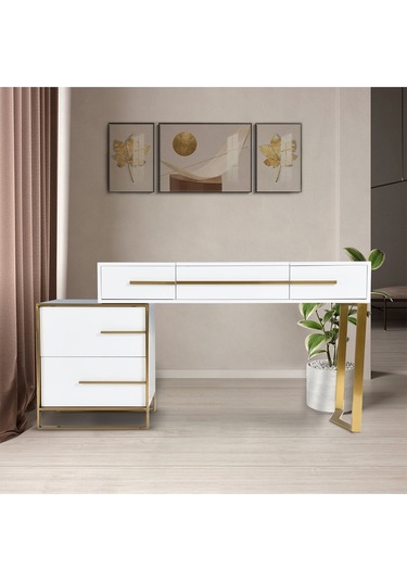 Cristina Beyaz Gold Metal Makyaj Masası