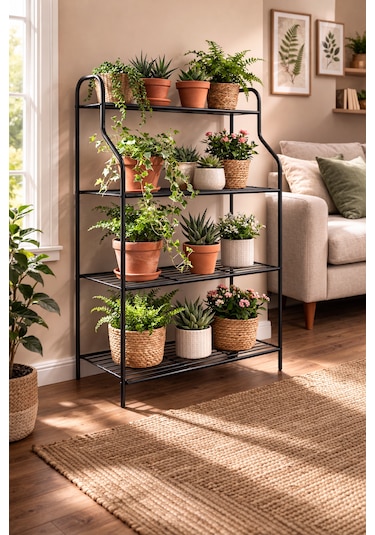 Modern Siyah 4 Katlı Metal Çiçeklik Standı: Çok Amaçlı Mutfak,kitaplık&dekoratif Lüks Stand Beyaz