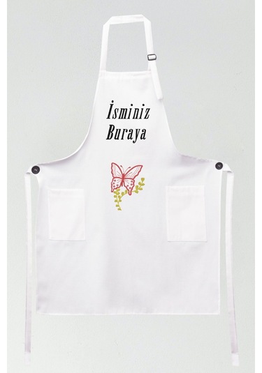 Mutfak Önlüğü Kişiye Ve İsme Özel Nakışlı Mutfak Önlüğü Kelebek01 Farklı Renkler Beyaz