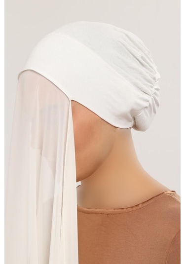 Hazır Pratik Lüks Geçmeli Lastikli Boneli Şifon Şal Ekru