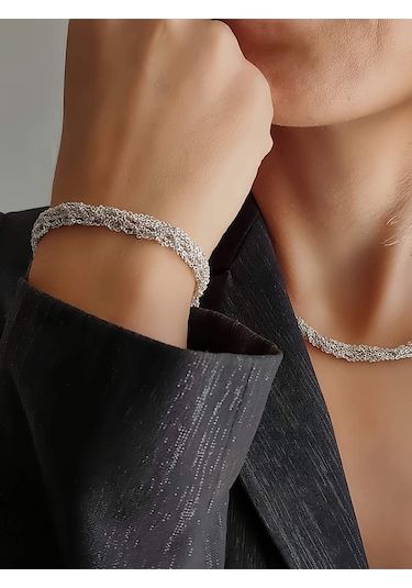 Zırh Örgü Model Çelik Zincir Dokuma Kolye Bileklik Set Gümüş
