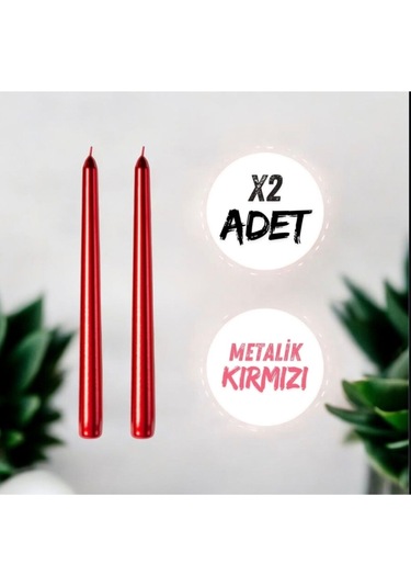 Denic 2 li Metalik Kırmızı  Şamdan Mum Konik Mum