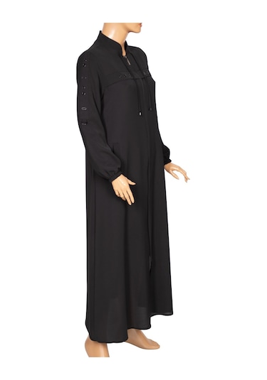 Hesna Kadın Selvi Dokuma Krep Kuş Gözü Aksesuarlı Siyah Ferace 001