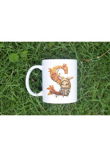 S Harf Sonbahar Yaprak Temalı Kupa Bardak - Sevimli Figürler İle Alfabe Harfli Bardak - Kişiye Özel Beyaz