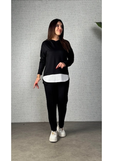 S-pazarım Kadın Uzun Kollu Kapşonlu Bağcıklı Viskon Iki Iplik Bluz Ve Pantolon Ikili Takım Siyah