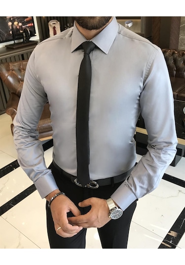 İtalyan Stil Slim Fit Saten Pamuk Erkek Kravat Yaka Gömlek Gri T9428-gri Gri