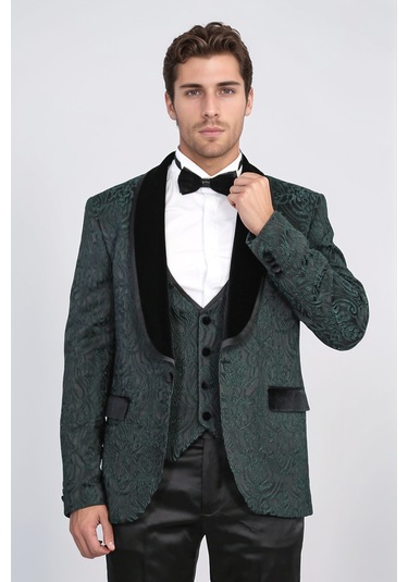 Barok Desenli Kadife Şal Yaka Yelekli Ördek Yeşili Smokin - Wessi Yeşil