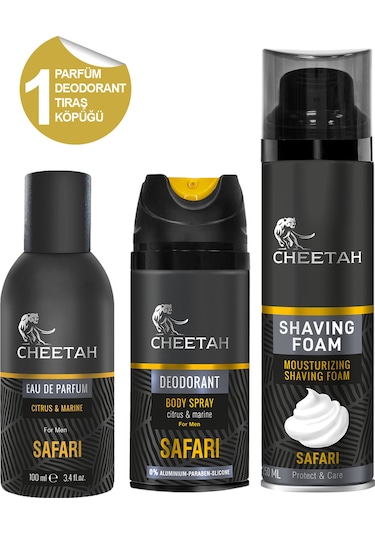 Cheetah Safari Erkek Parfüm EDP 100 ML + Sprey Deodorant 150 ML + Tıraş Köpüğü 250 ML