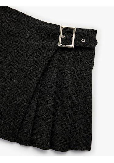 Koton Kemer Detaylı Viskon Karışımlı Kalın Piliseli Etek Siyah Ekose 6wkg70018aw Siyah Ekoseli