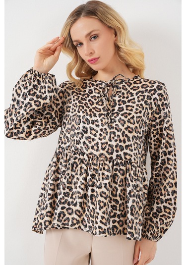 Kadın Desenli Uzun Kol Bluz 970 - C. Kahverengi kahve
