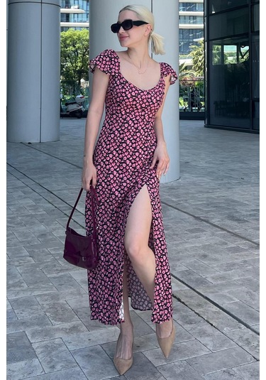 Madmext Siyah Desenli Yırtmaçlı Uzun Elbise Mg2004-siyah Siyah