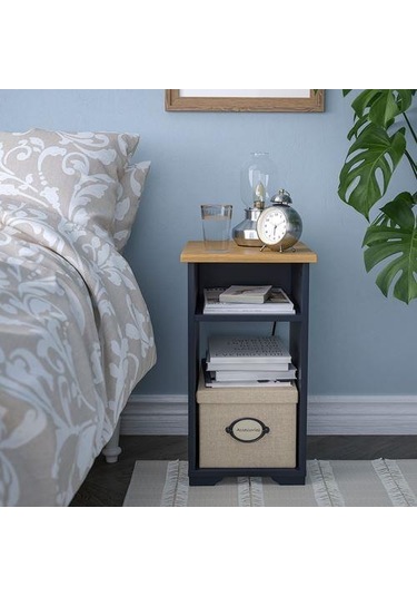 Bölmeli Yan Sehpa MeridyenDukkan Koyu Mavi Renk 40x32 cm Meşe Görünüm-Açık Raf Sistemi