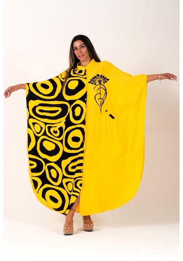 Kadın Sarı Sıfır Yaka Desen Garnili Nakışlı Cepli Oversize Uzun Elbise - Sarı