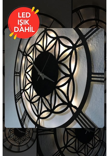 Led Işıklı Çiçek Duvar Saati Sessiz Dekoratif Modern Siyah Ahşap Siyah