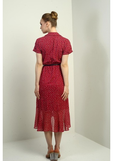 Kadın Kruvaze Yaka Astarlı Çıtır Desen Önü Volanlı Şifon Elbise-40728 Fuşya