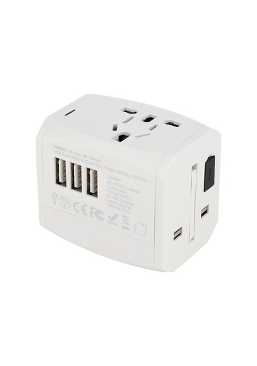 Evrensel Seyahat Adaptörü - 3 Usb Portlu, Taşınabilir, Çok Fonksiyonlu Beyaz Şarj Cihazı