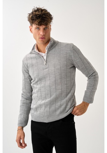 Dikey Dokuma Desenli Fermuarlı Triko Kazak Gri