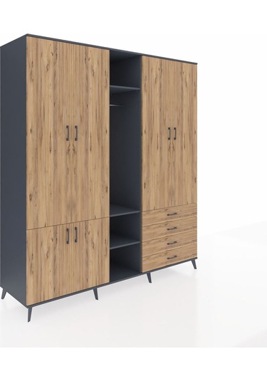 Kronos Dolap 14 Raflı 4 Çekmeceli Tek Askılı 220x59x243 Antrasit-çam/çam Atlas Çam/atlas Çam