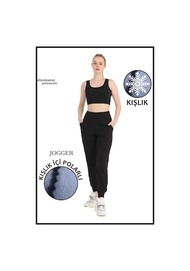 Kadın Siyah Yüksek Bel Jogger Eşofman Altı Polarlı Kışlık Cepli Joggers 1062 Siyah