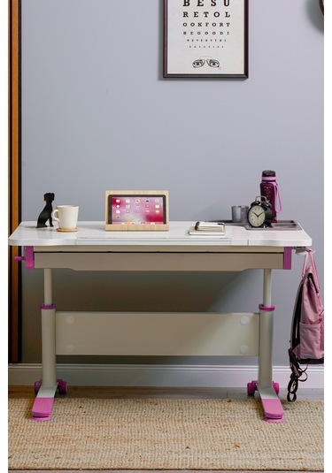 Sirius Basic Yükseklik Ve Eğim Ayarlı Çekmeceli Bilgisayar, Oyuncu, Ofis, Çalışma Masası Ekru Fuşya Gri