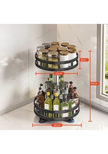 Novahub Tcherchi Mutfak Tezgahı 2 Katlı Depolama Rafı, Döndürülebilir Baharat Organizatörü Siyah Siyah